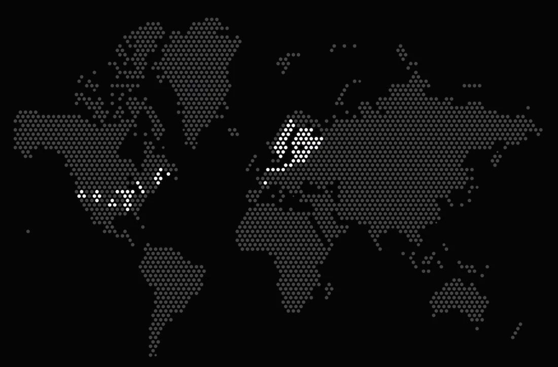 World map with highlighted locations in North America and Europe.